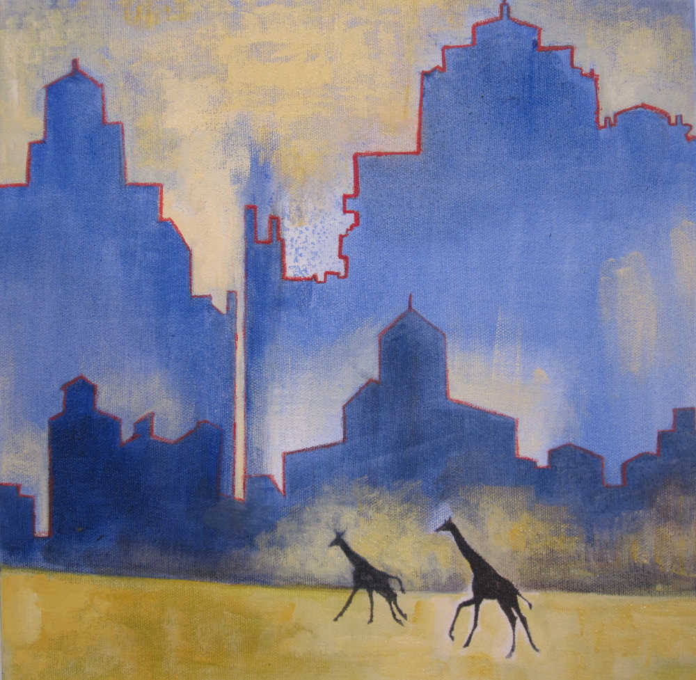 Two Giraffe with Industrial Structures · April, 2018 · oil on canvas · 12 × 12″